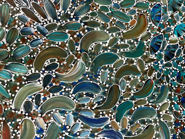 #324 Bush Yam Dreaming (Kookaburra) - RACHAEL NAMBULA: Aboriginal Art: 87cm x 200cm