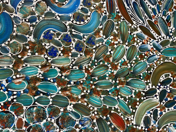 #324 Bush Yam Dreaming (Kookaburra) - RACHAEL NAMBULA: Aboriginal Art: 87cm x 200cm