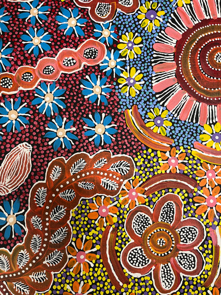 #311 Bush Tucker & Waterholes (Multi) - JUNE BIRD NGALE Aboriginal Artist: 69cm x 150cm
