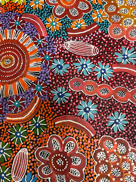 #311 Bush Tucker & Waterholes (Multi) - JUNE BIRD NGALE Aboriginal Artist: 69cm x 150cm
