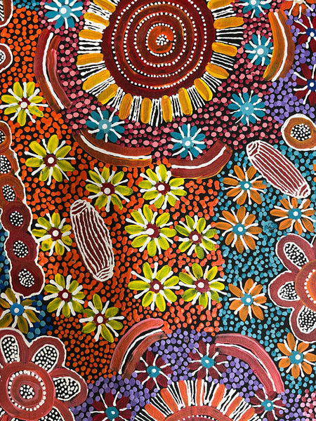 #311 Bush Tucker & Waterholes (Multi) - JUNE BIRD NGALE Aboriginal Artist: 69cm x 150cm