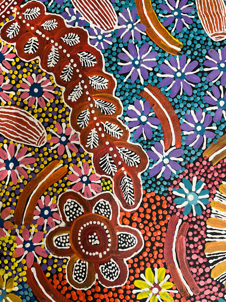 #311 Bush Tucker & Waterholes (Multi) - JUNE BIRD NGALE Aboriginal Artist: 69cm x 150cm