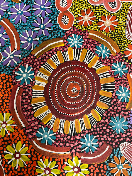 #311 Bush Tucker & Waterholes (Multi) - JUNE BIRD NGALE Aboriginal Artist: 69cm x 150cm