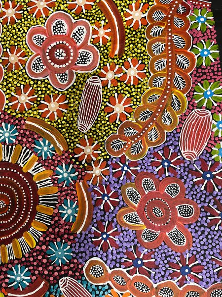 #311 Bush Tucker & Waterholes (Multi) - JUNE BIRD NGALE Aboriginal Artist: 69cm x 150cm