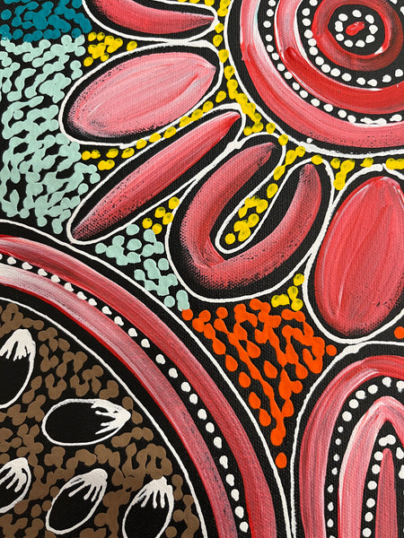 #402 Women Collecting Bush Tucker (Pinks) - SHARON NUMINA : Aboriginal Art: 34cm x 44cm