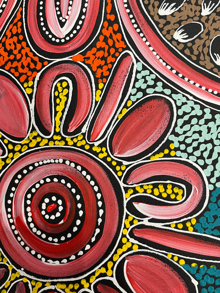 #402 Women Collecting Bush Tucker (Pinks) - SHARON NUMINA : Aboriginal Art: 34cm x 44cm