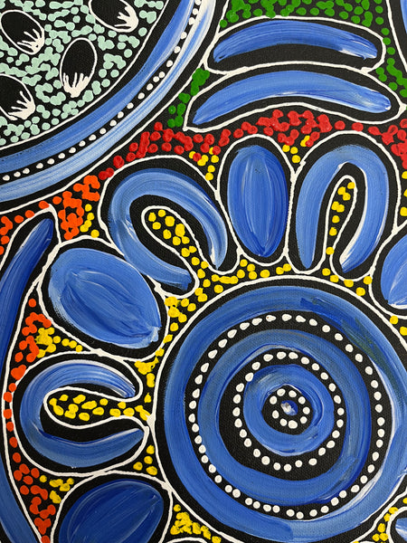 #310 Women Collecting Bush Tucker (Blues) - SHARON NUMINA : Aboriginal Art: 34cm x 44cm