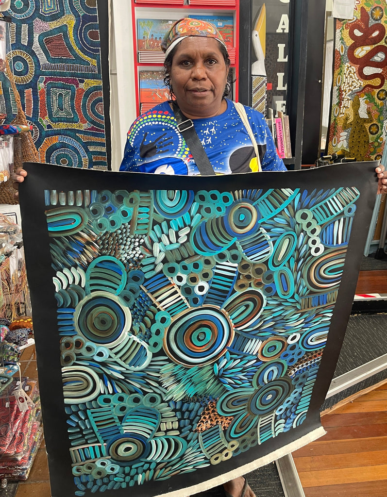 #28 Women Collecting Bush Medicine Leaves (Blues)- SELINA NUMINA : Aboriginal Art: 93x80cm
