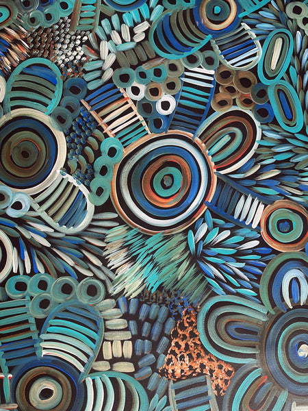 #28 Women Collecting Bush Medicine Leaves (Blues)- SELINA NUMINA : Aboriginal Art: 93x80cm