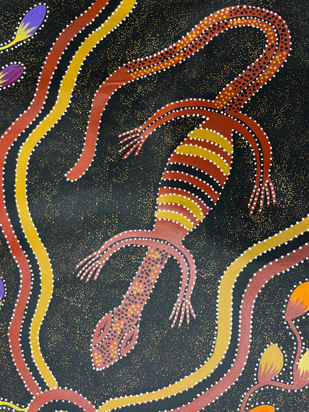 #179 Collecting Bush Food and Goanna - JACINTA NUMINA : Aboriginal Art: 86x145cm