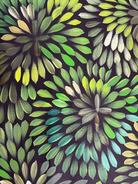 #66 Bush Medicine Leaves  (Greens) - LOUISE NUMINA : Aboriginal Art: 95cm x 97cm