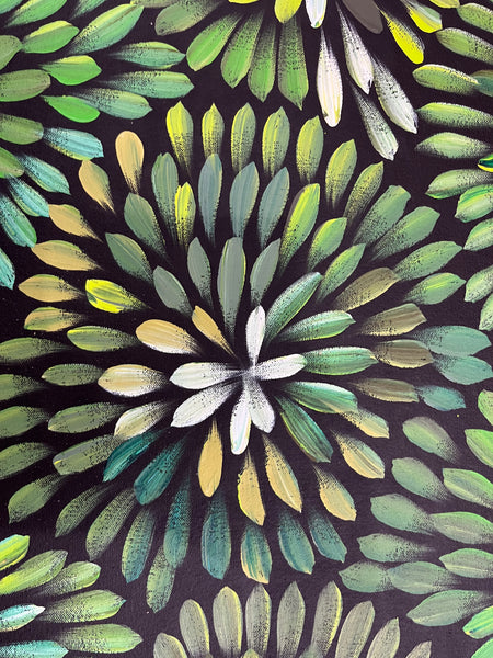 #66 Bush Medicine Leaves  (Greens) - LOUISE NUMINA : Aboriginal Art: 95cm x 97cm