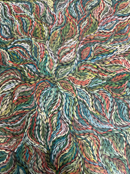 #111 Bush Medicine Leaves (Multi) ARTIST:  ROSEMARY PETYARRE (PITJARA) 71cm x 92cm