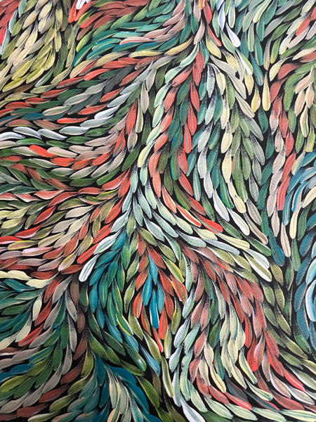 #111 Bush Medicine Leaves (Multi) ARTIST:  ROSEMARY PETYARRE (PITJARA) 71cm x 92cm