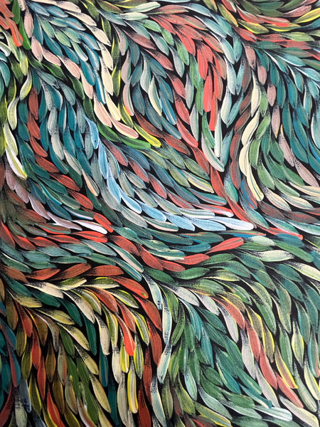 #111 Bush Medicine Leaves (Multi) ARTIST:  ROSEMARY PETYARRE (PITJARA) 71cm x 92cm