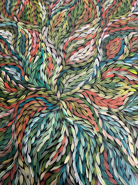 #111 Bush Medicine Leaves (Multi) ARTIST:  ROSEMARY PETYARRE (PITJARA) 71cm x 92cm