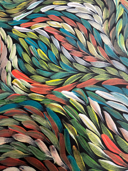 #111 Bush Medicine Leaves (Multi) ARTIST:  ROSEMARY PETYARRE (PITJARA) 71cm x 92cm