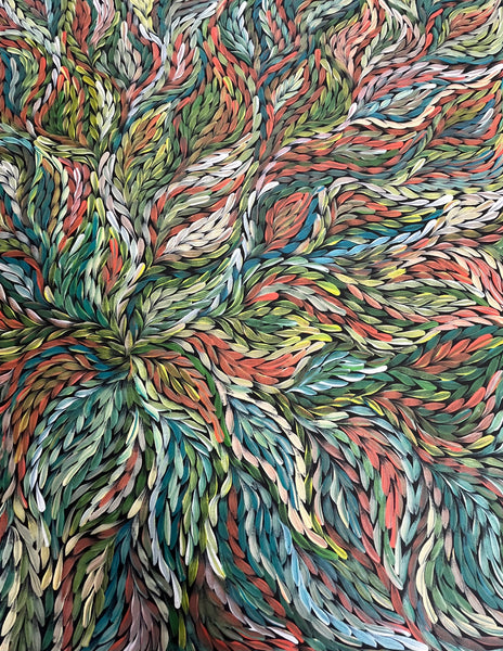 #111 Bush Medicine Leaves (Multi) ARTIST:  ROSEMARY PETYARRE (PITJARA) 71cm x 92cm