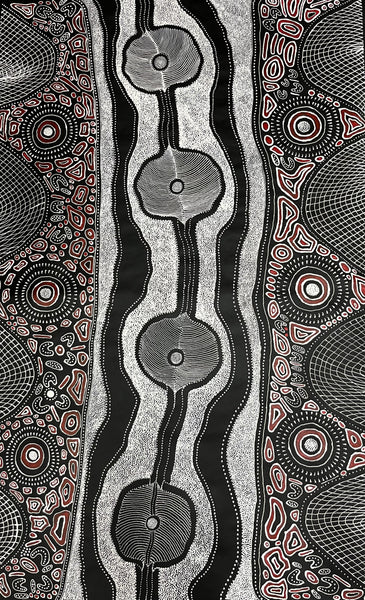 #118 My Country Dreaming (Black/White/Red) ANNA PETYARRE: Aboriginal Art: 95cm x 145cm