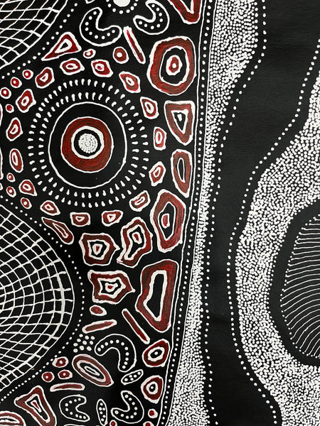 #118 My Country Dreaming (Black/White/Red) ANNA PETYARRE: Aboriginal Art: 95cm x 145cm