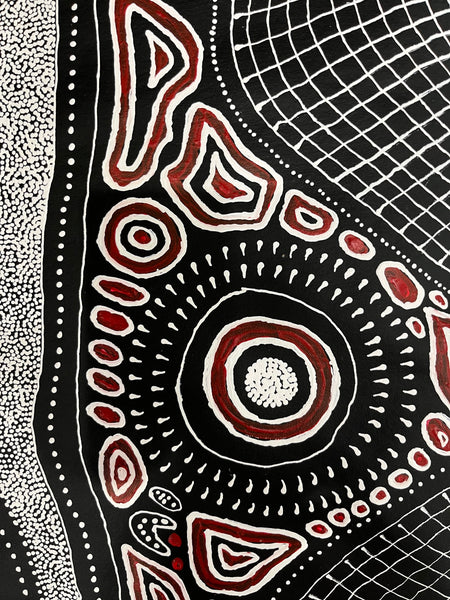 #118 My Country Dreaming (Black/White/Red) ANNA PETYARRE: Aboriginal Art: 95cm x 145cm