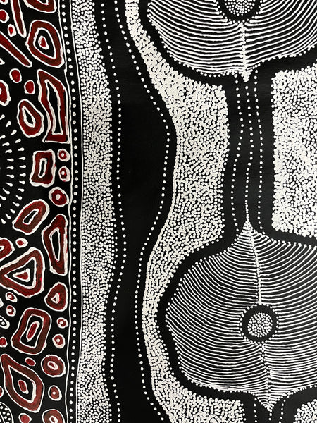 #118 My Country Dreaming (Black/White/Red) ANNA PETYARRE: Aboriginal Art: 95cm x 145cm