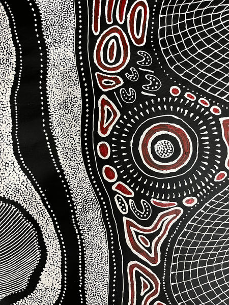 #118 My Country Dreaming (Black/White/Red) ANNA PETYARRE: Aboriginal Art: 95cm x 145cm