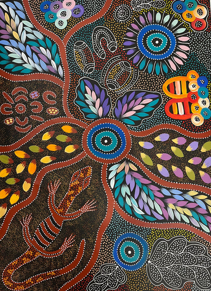 #184 Collecting Bush Food & Goanna - JACINTA NUMINA : Aboriginal Art: 71cm x 98cm