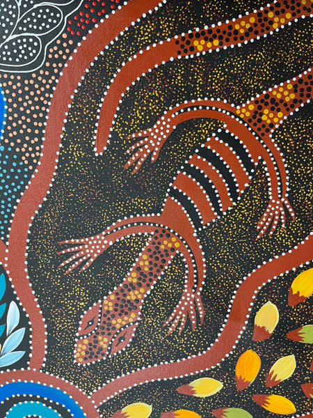 #184 Collecting Bush Food & Goanna - JACINTA NUMINA : Aboriginal Art: 71cm x 98cm
