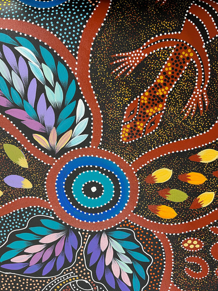 #184 Collecting Bush Food & Goanna - JACINTA NUMINA : Aboriginal Art: 71cm x 98cm