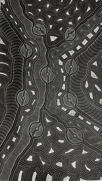 #172 My Country (Black/White) ARTIST: DELVINE PETYARRE 92cm x 152cm