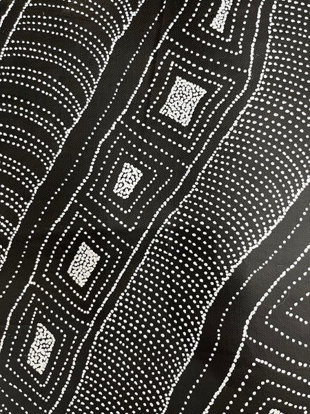 #172 My Country (Black/White) ARTIST: DELVINE PETYARRE 92cm x 152cm