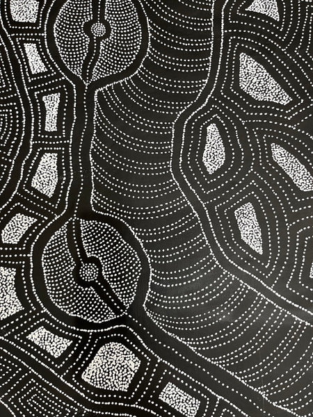 #172 My Country (Black/White) ARTIST: DELVINE PETYARRE 92cm x 152cm