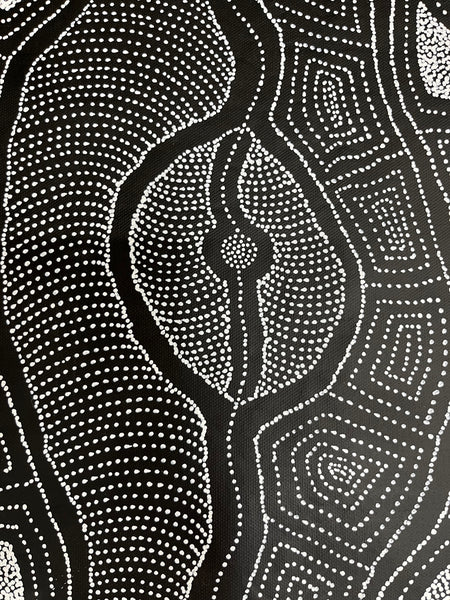 #172 My Country (Black/White) ARTIST: DELVINE PETYARRE 92cm x 152cm