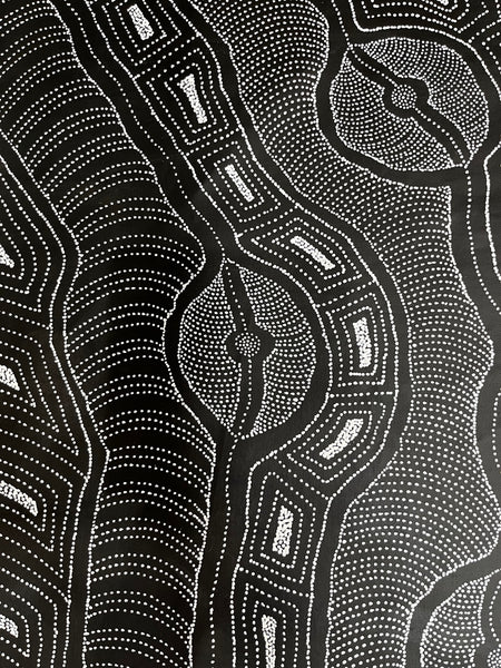 #172 My Country (Black/White) ARTIST: DELVINE PETYARRE 92cm x 152cm