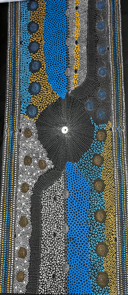 #11 Water Dreaming Ngapa (Blue/Earth) JANET LONG NAKAMARRA: Aboriginal Art: 70cm x 200cm