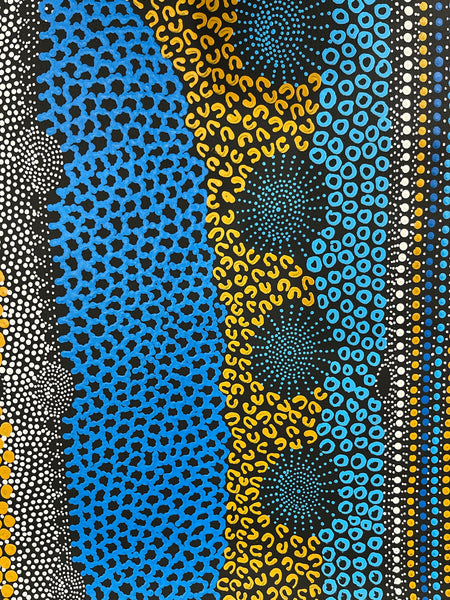 #11 Water Dreaming Ngapa (Blue/Earth) JANET LONG NAKAMARRA: Aboriginal Art: 70cm x 200cm