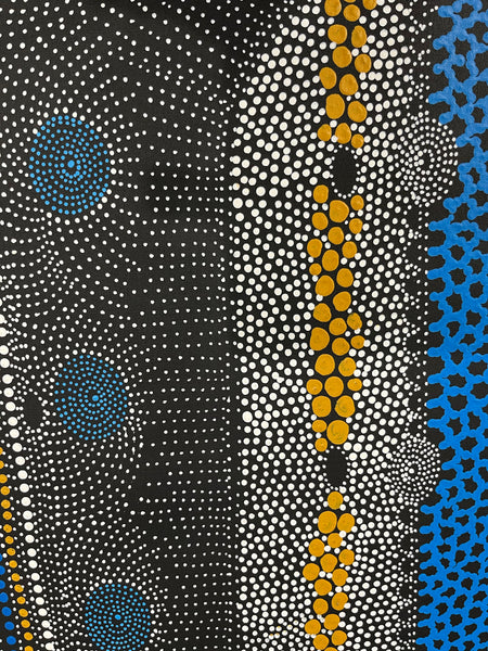 #11 Water Dreaming Ngapa (Blue/Earth) JANET LONG NAKAMARRA: Aboriginal Art: 70cm x 200cm