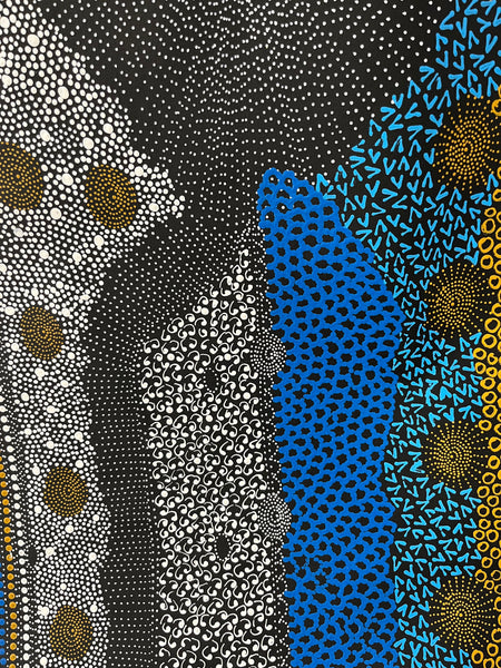 #11 Water Dreaming Ngapa (Blue/Earth) JANET LONG NAKAMARRA: Aboriginal Art: 70cm x 200cm