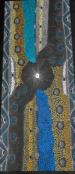 #204 Water Dreaming Ngapa (Blue/Earth) JANET LONG NAKAMARRA: Aboriginal Art: 70cm x 166cm
