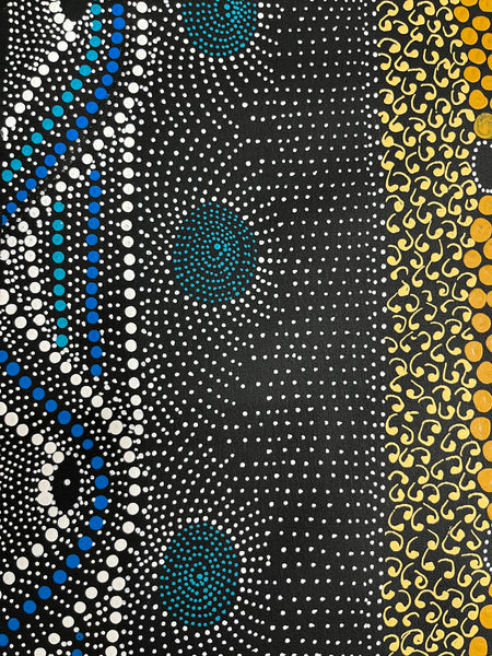 #204 Water Dreaming Ngapa (Blue/Earth) JANET LONG NAKAMARRA: Aboriginal Art: 70cm x 166cm