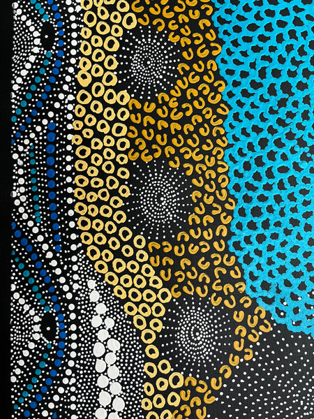 #204 Water Dreaming Ngapa (Blue/Earth) JANET LONG NAKAMARRA: Aboriginal Art: 70cm x 166cm