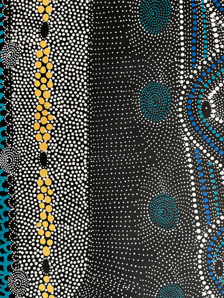 #204 Water Dreaming Ngapa (Blue/Earth) JANET LONG NAKAMARRA: Aboriginal Art: 70cm x 166cm
