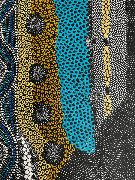 #204 Water Dreaming Ngapa (Blue/Earth) JANET LONG NAKAMARRA: Aboriginal Art: 70cm x 166cm