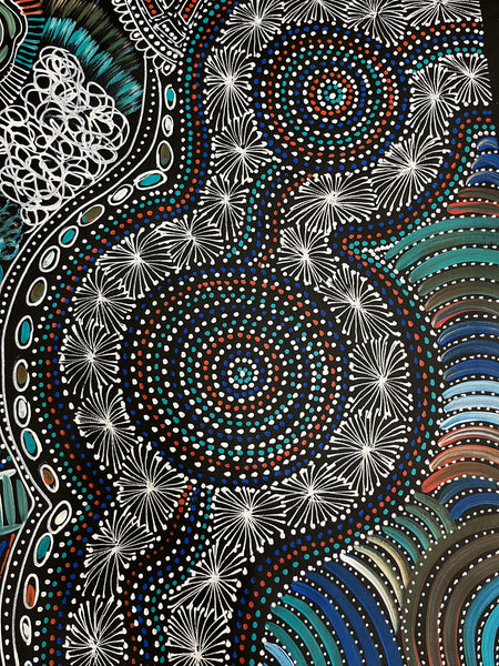 #349 My Country -Women Collecting (Kookaburra) SELINA NUMINA : Aboriginal Art: 80cm x 200cm