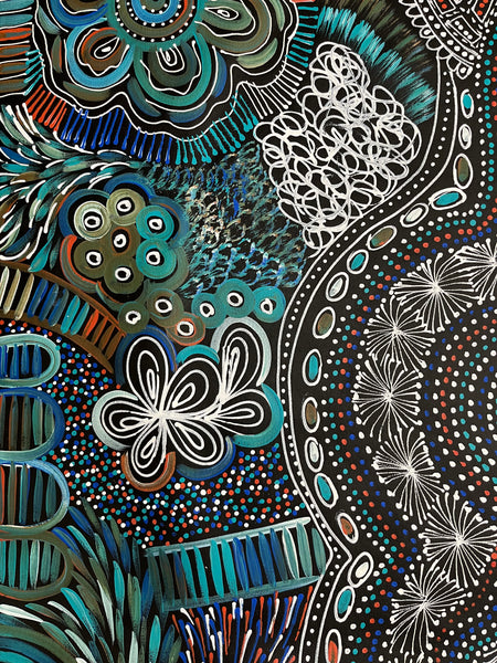 #349 My Country -Women Collecting (Kookaburra) SELINA NUMINA : Aboriginal Art: 80cm x 200cm