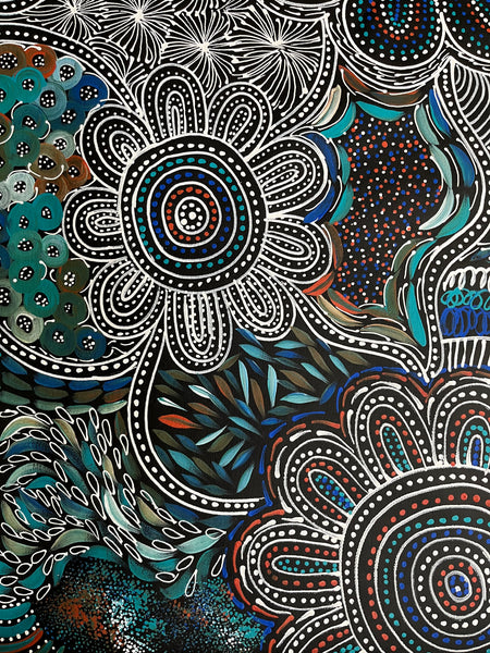 #349 My Country -Women Collecting (Kookaburra) SELINA NUMINA : Aboriginal Art: 80cm x 200cm