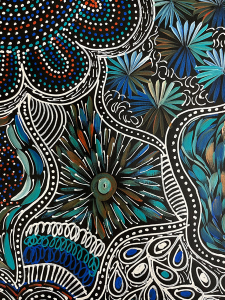#349 My Country -Women Collecting (Kookaburra) SELINA NUMINA : Aboriginal Art: 80cm x 200cm