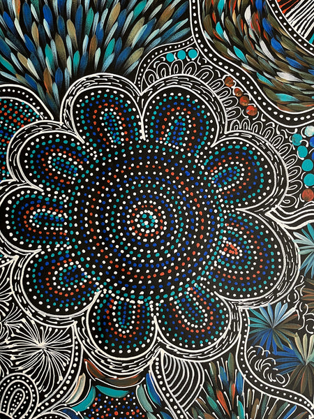 #349 My Country -Women Collecting (Kookaburra) SELINA NUMINA : Aboriginal Art: 80cm x 200cm