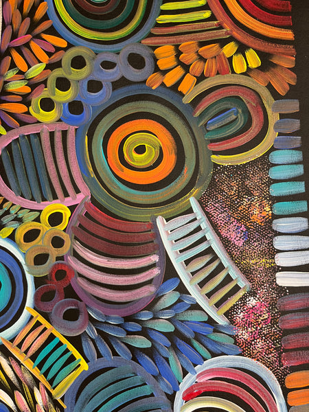 #272 My Country -Women Collecting (Multi) SELINA NUMINA : Aboriginal Art: 83cm x 140cm